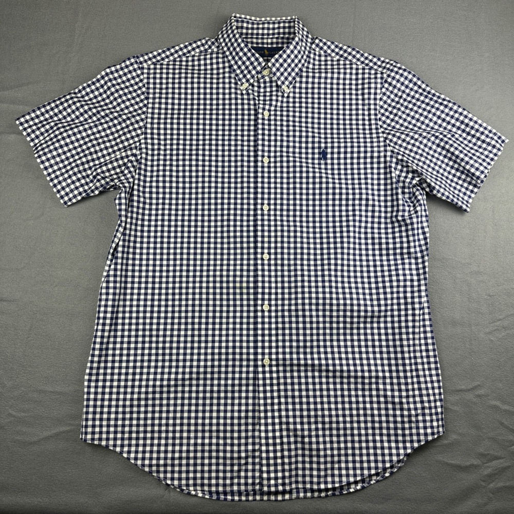 Ralph Lauren Mens Navy Gingham Check Short Sleeve Cotton Button Down Shirt Large - Picture 2 of 8